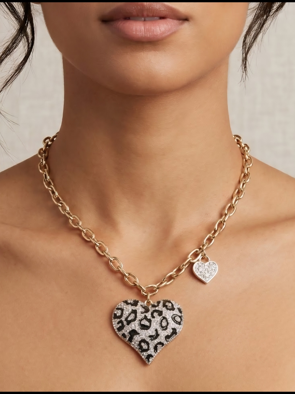 Gold Chain Necklace with Leopard Print Heart Pendant